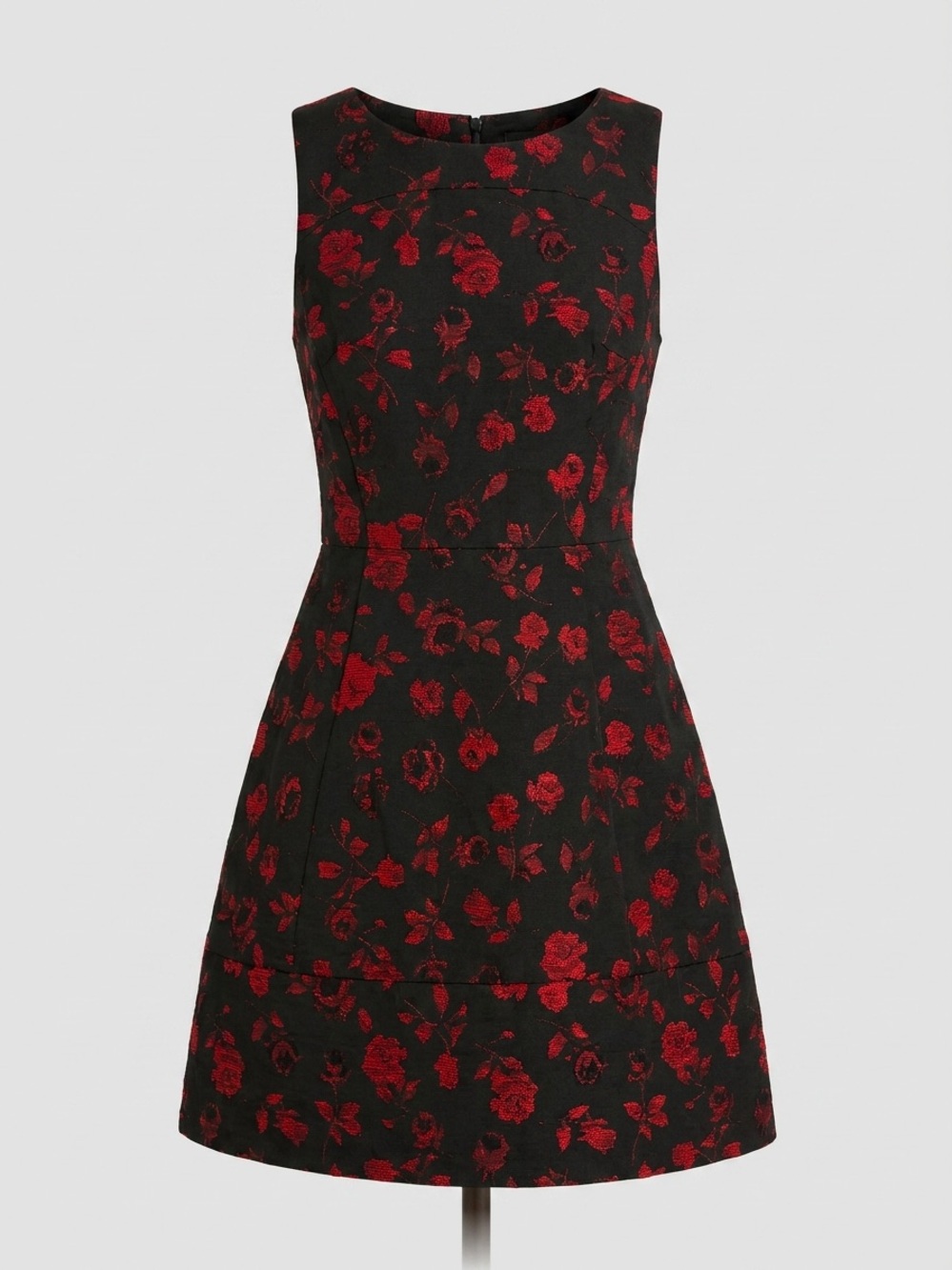 Black Sleeveless Mini Dress with Red Floral Jacquard